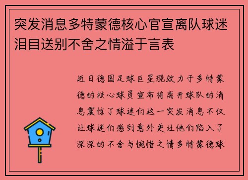 突发消息多特蒙德核心官宣离队球迷泪目送别不舍之情溢于言表 突发消息多特蒙德核心官宣离队球迷泪目送别不舍之情溢于言表