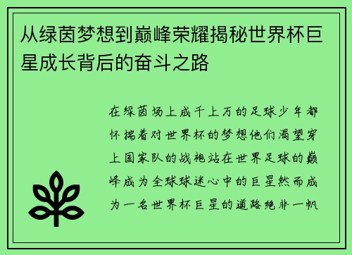从绿茵梦想到巅峰荣耀揭秘世界杯巨星成长背后的奋斗之路 从绿茵梦想到巅峰荣耀揭秘世界杯巨星成长背后的奋斗之路